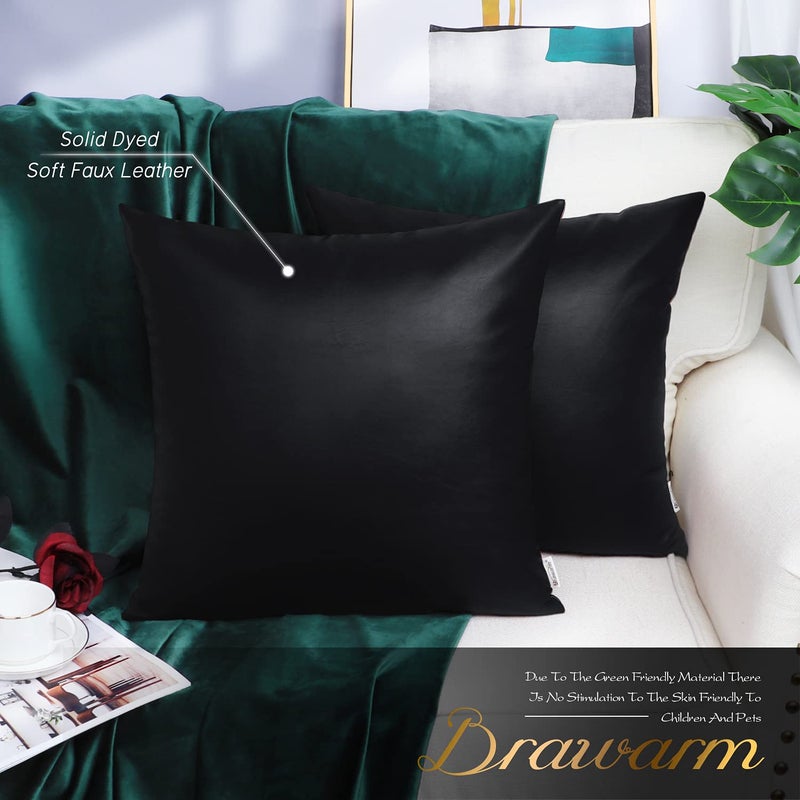 BRAWARM Faux Leather Throw Pillow Covers 18 X 18 Inches - Black Leather Pilow Covers Pack of 2, Solid Dyed Leather Pillowcases for Couch Bed Sofa Garden Home Decorative - Image 2
